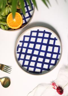 Blue checkered platter with fruits