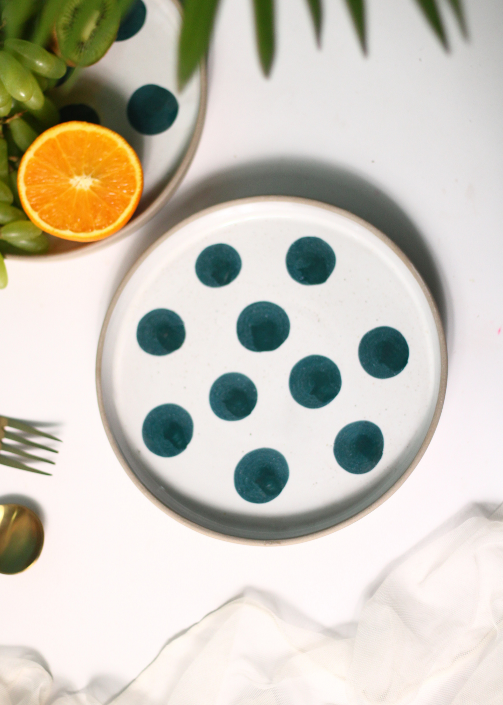 Green polka platter with fruits