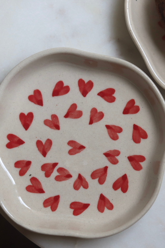 Handmade heart dessert plates red & white