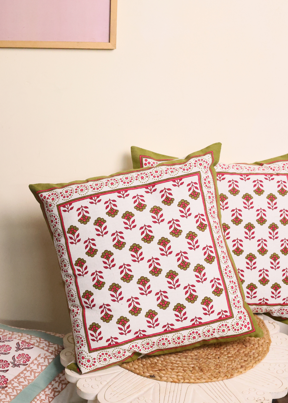 Pink & Green  Floral Motifs Cushion Cover