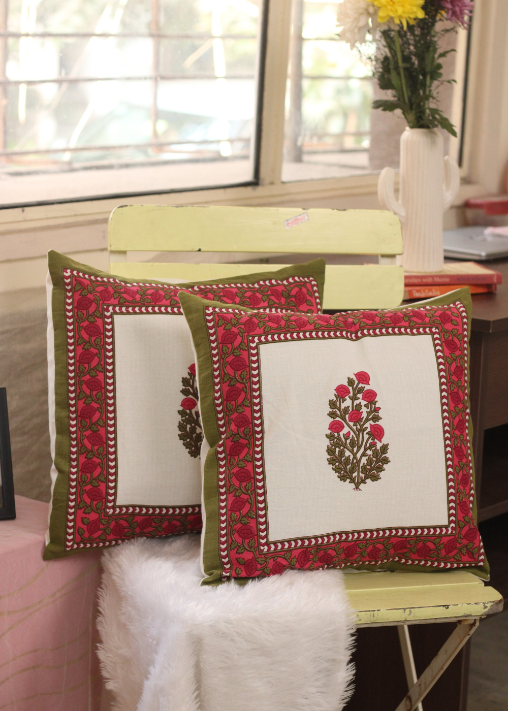 Pink And Green Motif Cushion Cover