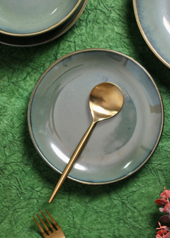 Metallic green dinner plate with spoon 