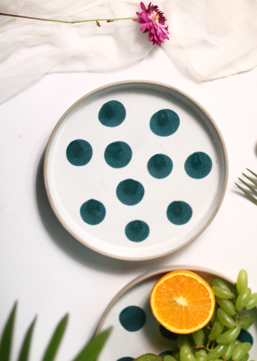 Handmade ceramic green polka platter 