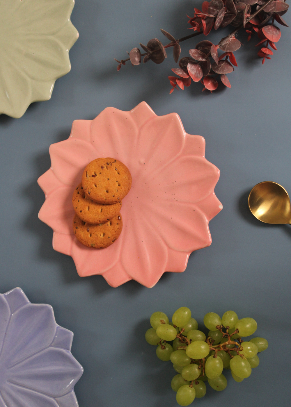 Handmade ceramic pink lotus plate with cookies 