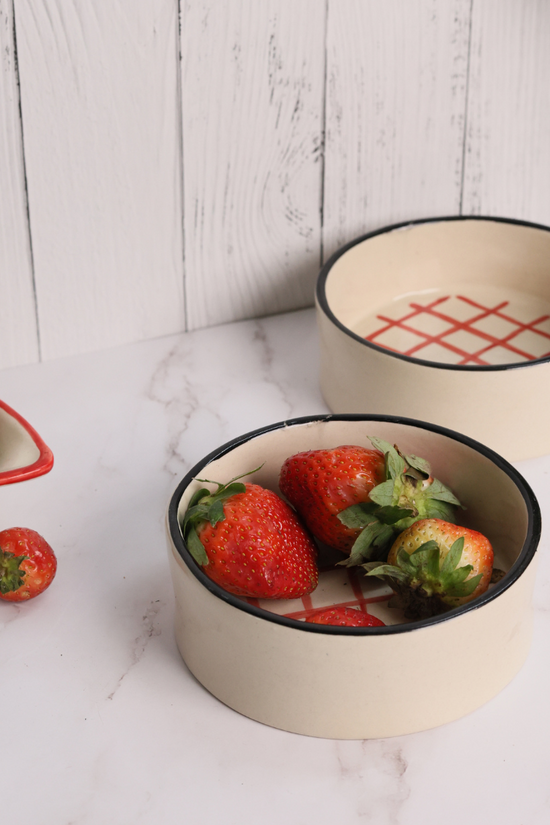 Ceramic red checks breakfast bowl with fruits
