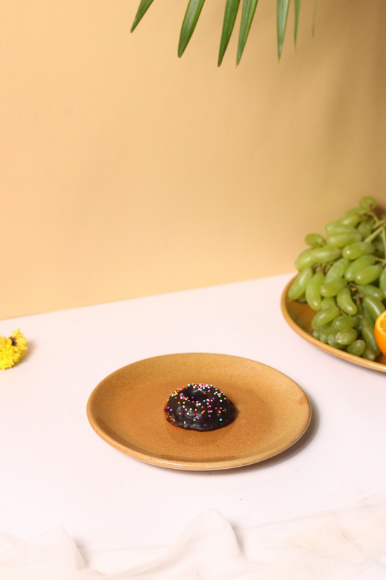 Handmade ceramic mustard snack plate with donut