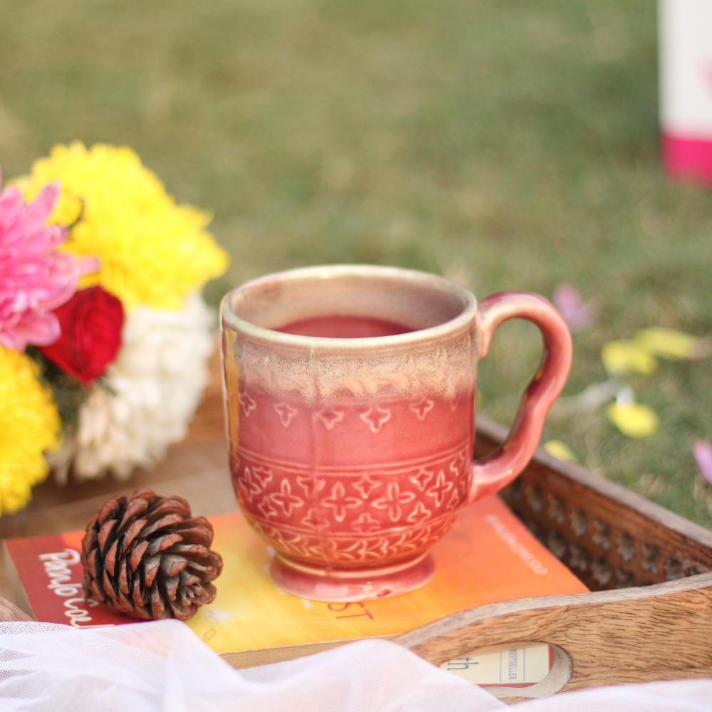 Magenta coffee mug stunning design on a wooden surface 
