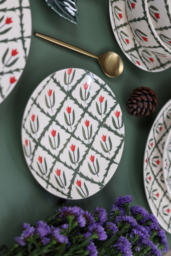 Handmade ceramic ferns snack plate with flowers