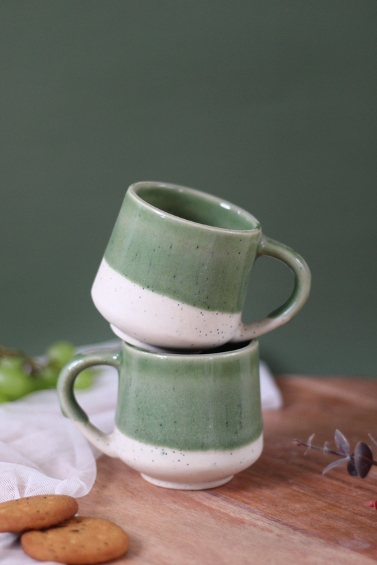 Handmade ceramic green & white cup