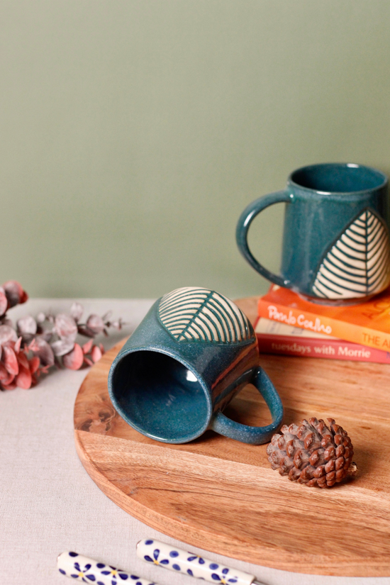 Ceramic Teal Leaf Coffee Mugs