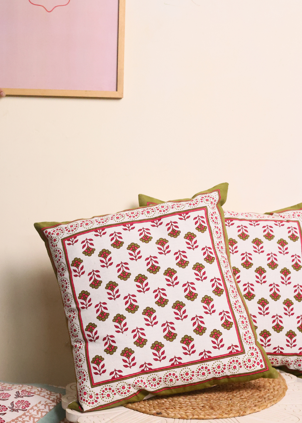 Pink & Green  Floral Motifs Cushion Cover