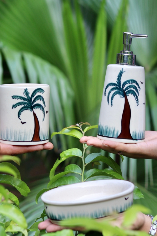 Palm tree bathroom set in hand