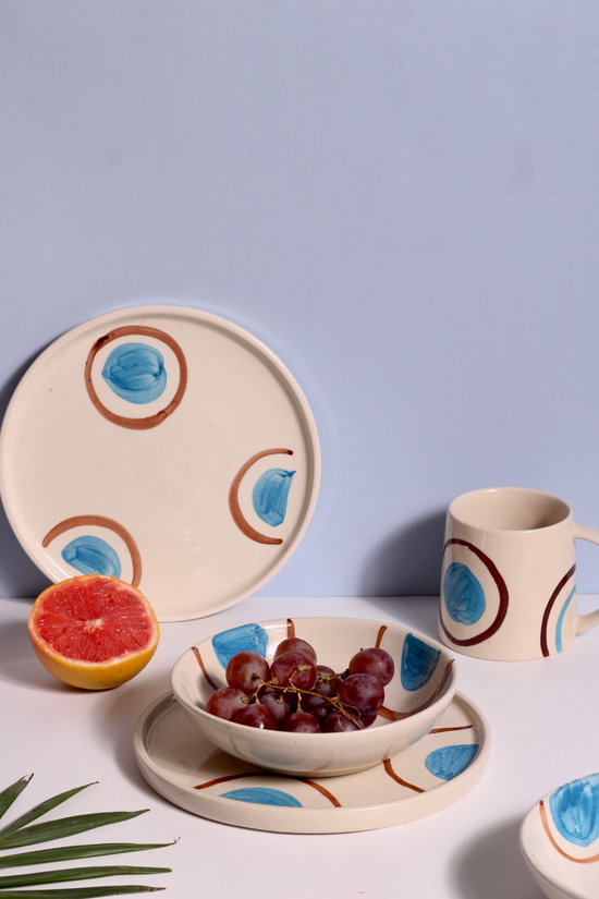 platter, mug and bowl blue and brown