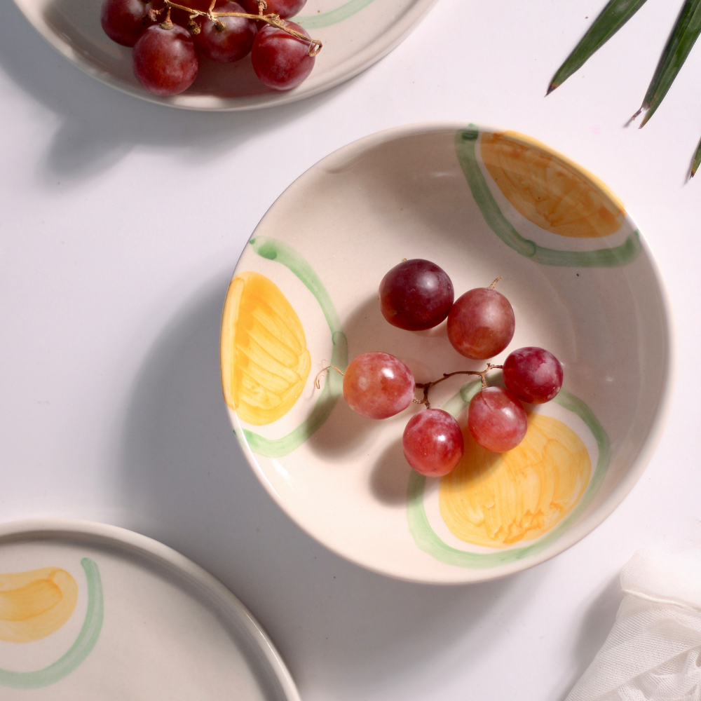 Handmade ceramic yellow & green bowls with grapes