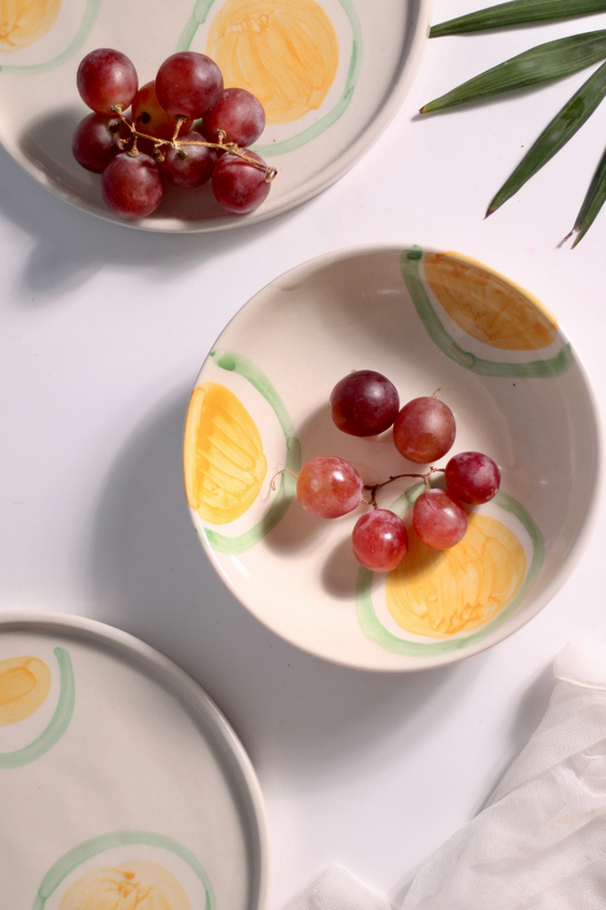Handmade ceramic yellow & green bowls with grapes