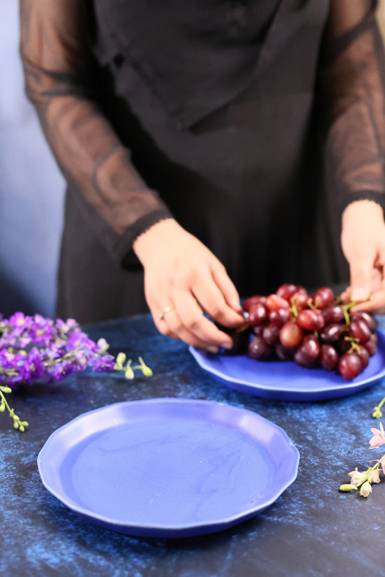 Blue snack plate with grapes