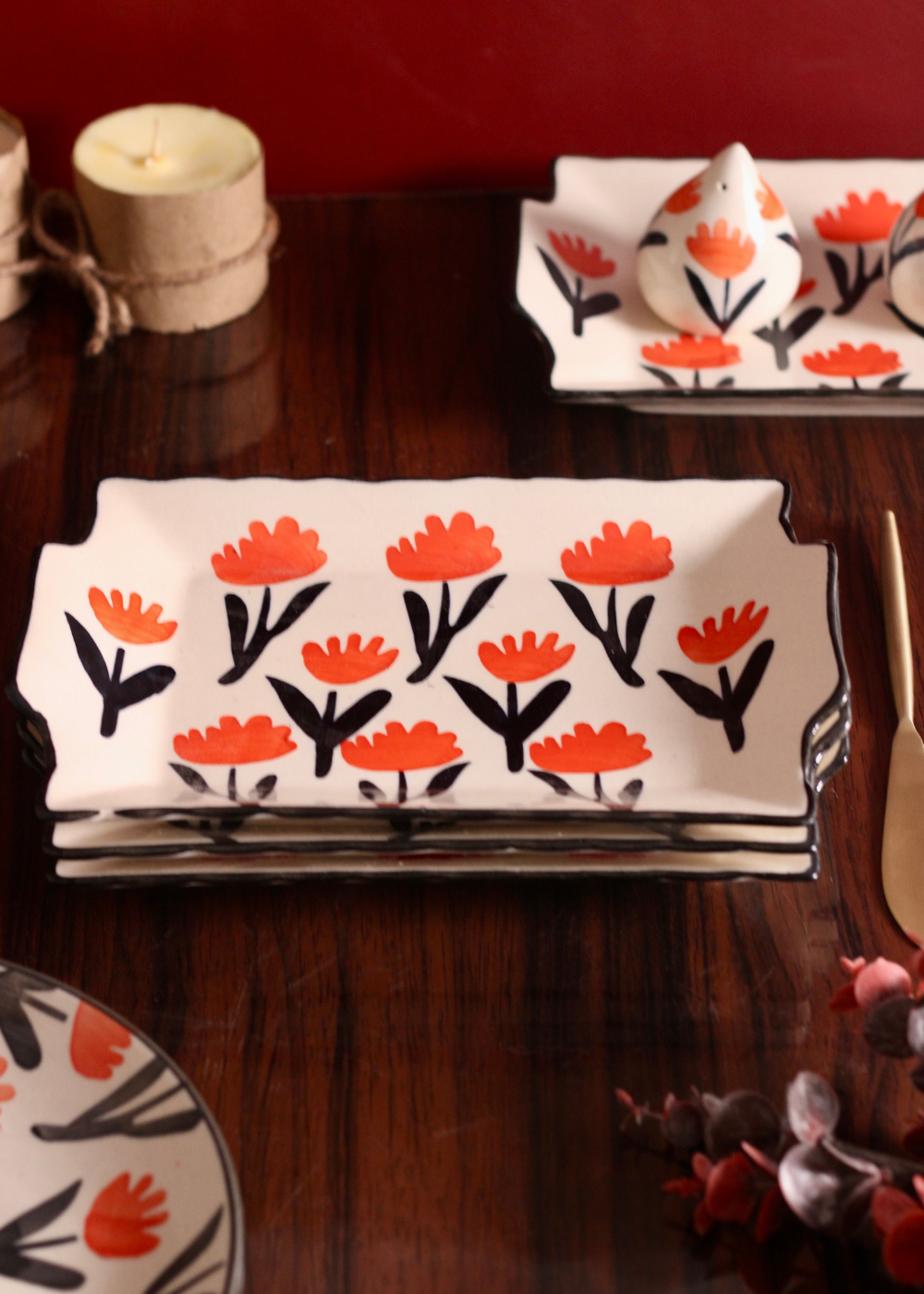 Handmade ceramic trays orange & white