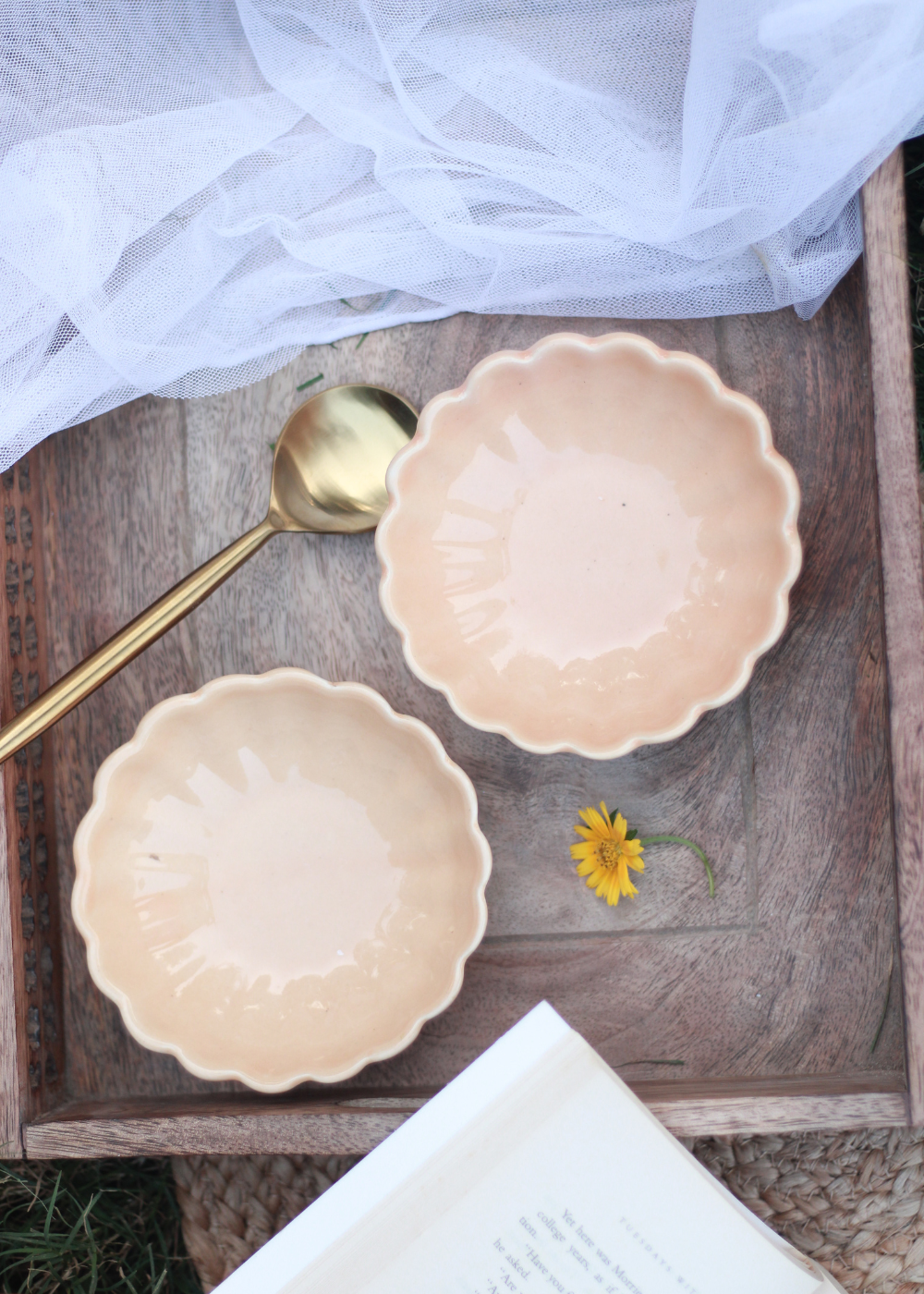 Genda phool ice cream bowls in wooden tray 