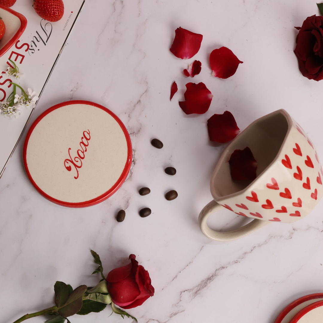 Handmade ceramic red & white xoxo coaster  and mug