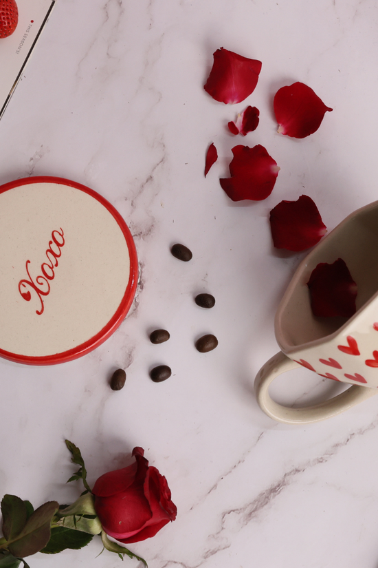 Handmade ceramic red & white xoxo coaster  and mug
