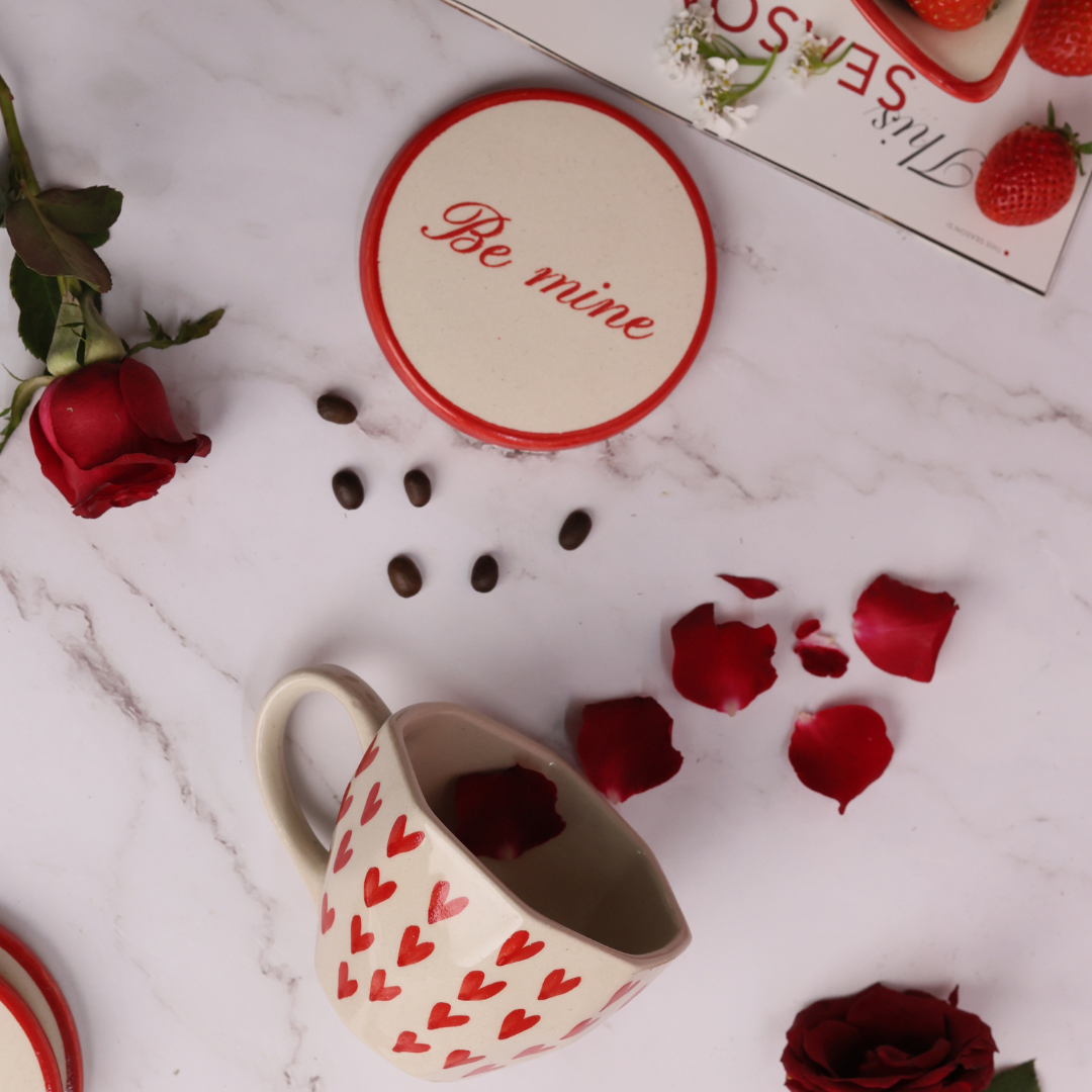 Be mine coaster and mug with rose petals