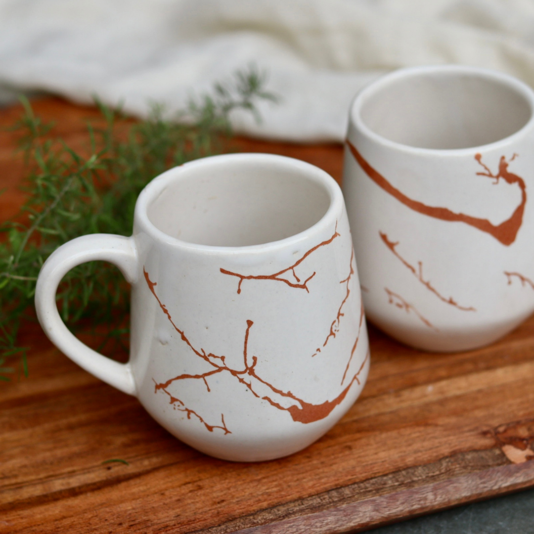 White & Bronze Ceramic Coffee Mugs