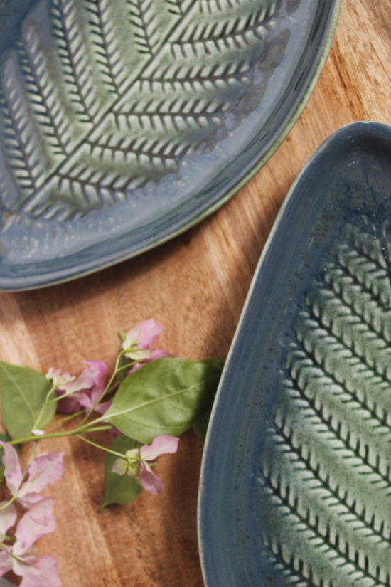 Closeup shot of leaf engraved platter
