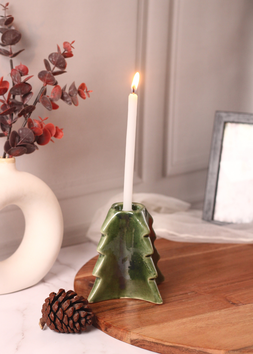 Christmas tree green candle stand with candle 