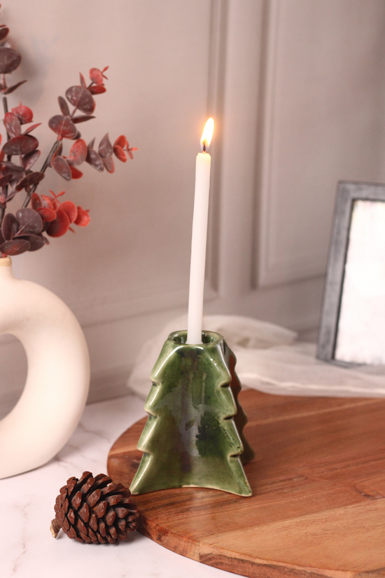 Christmas tree green candle stand with candle 