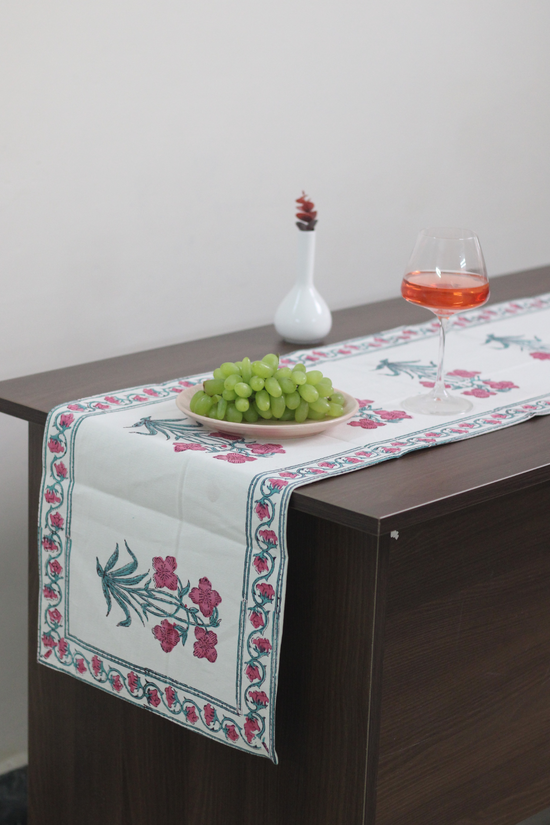 Pink Flowers Block Print Table Runner