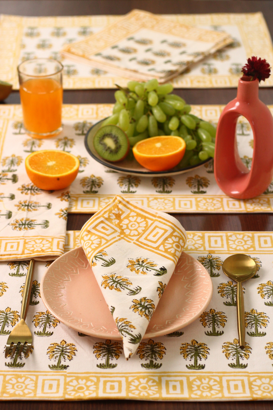 Yellow Palms Block Print Table Mat & Napkin