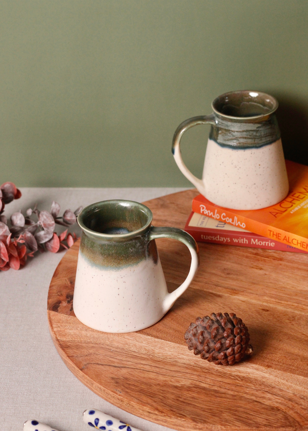 Handmade Ceramic White & Green Coffee Mugs
