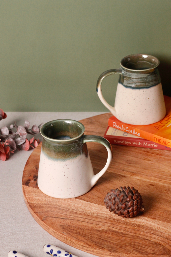 Handmade Ceramic White & Green Coffee Mugs