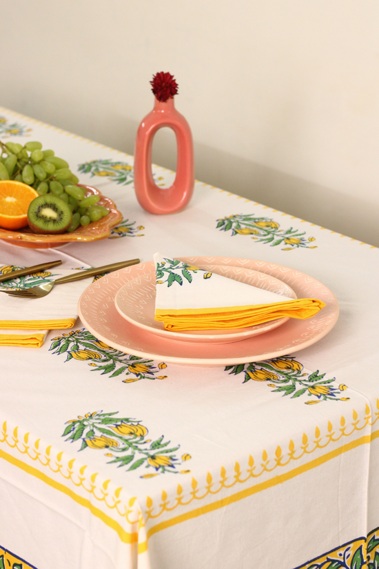 Block printed table napkin on table 