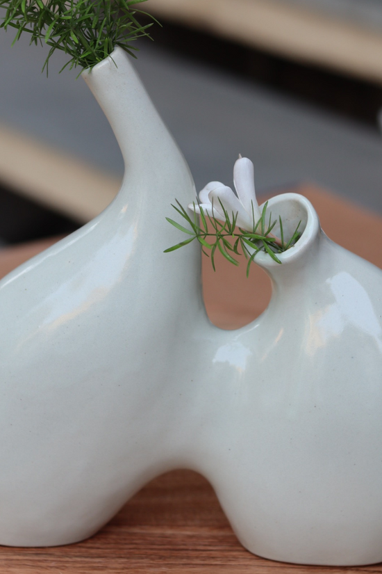 Handmade ceramic white twin vase 