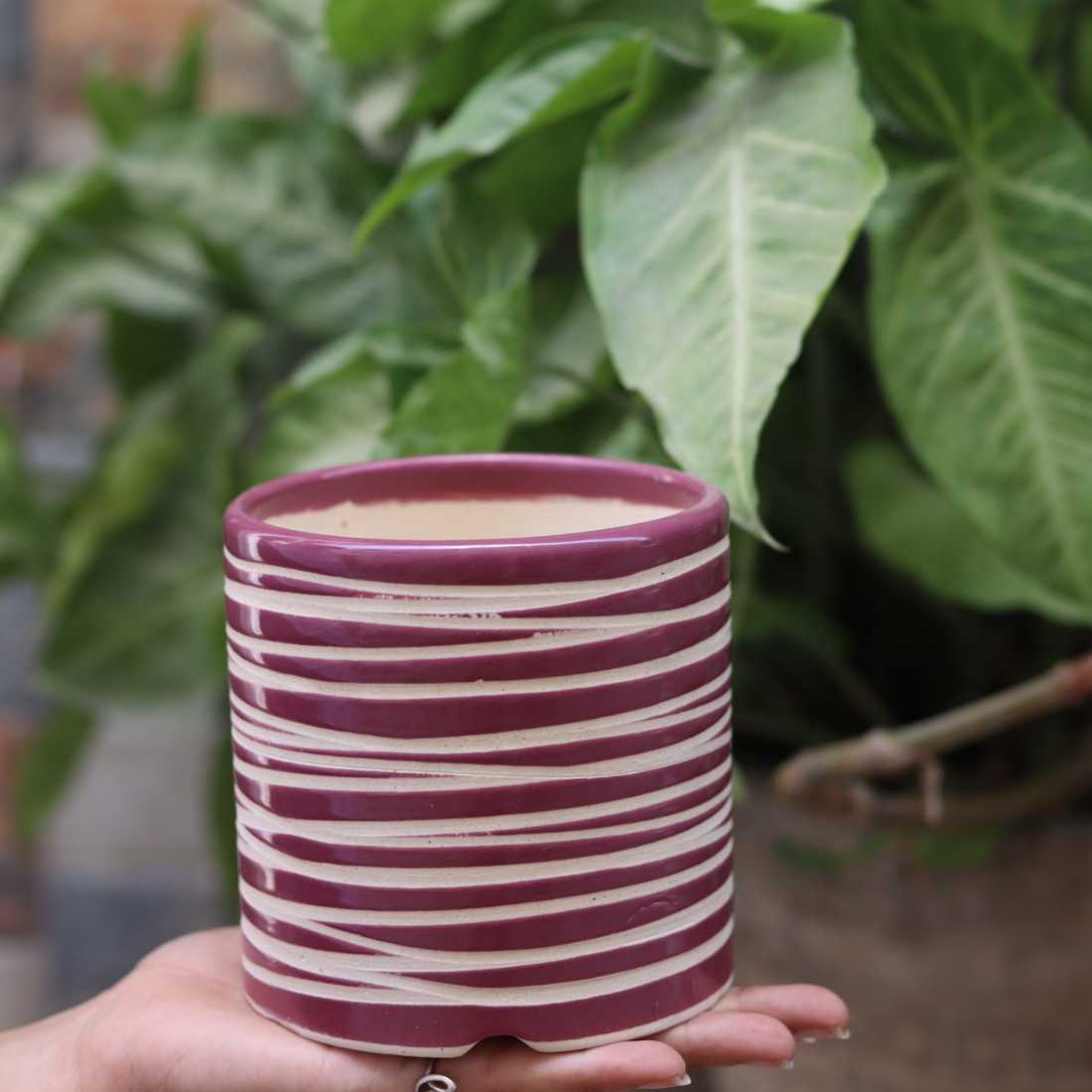 Purple Carved Planter Handmade Ceramic 