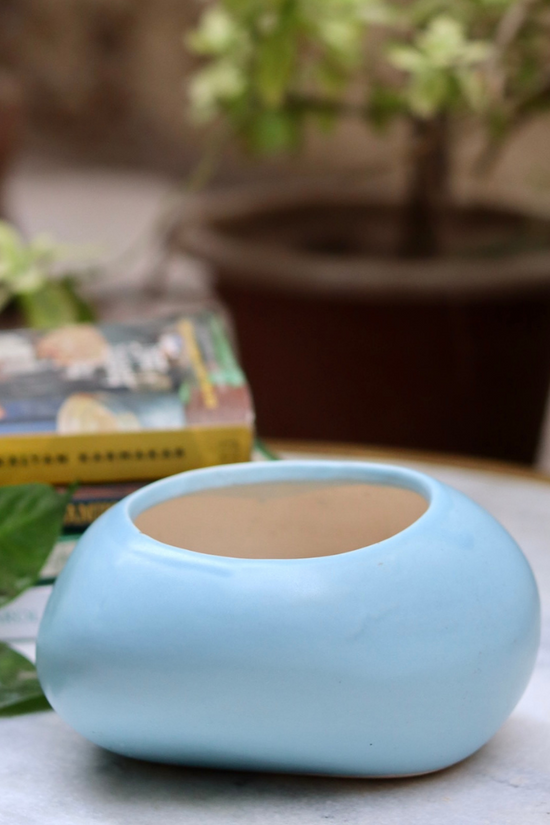 Blue planter with books