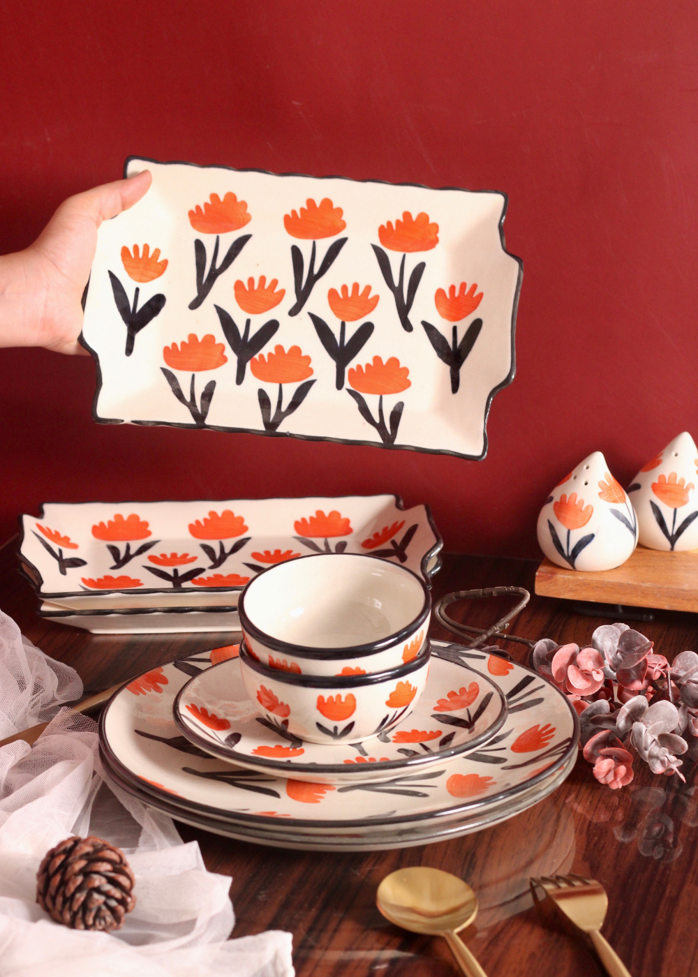 Serveware orange flowers ceramic trays 