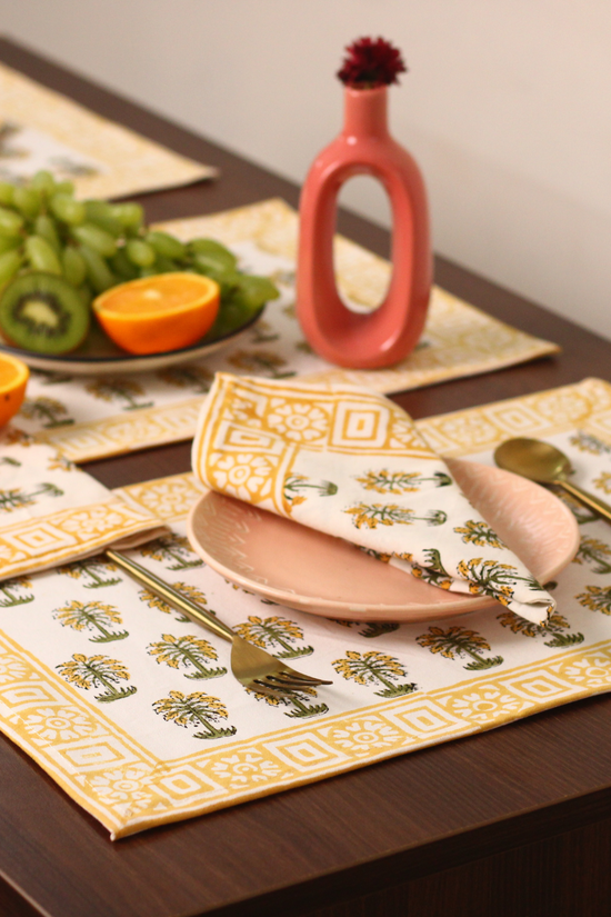 Block printed table mat & napkin on table 