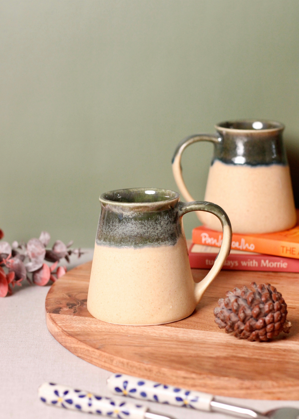 Cream and green ceramic coffee mug 