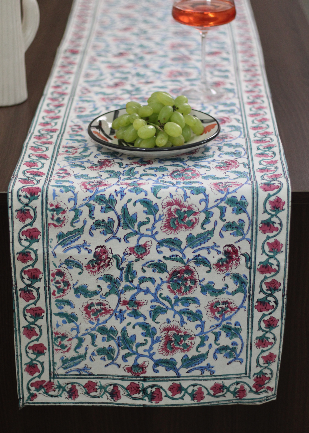 Block printed table runner on table 
