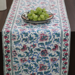 Block printed table runner on table 
