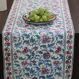 Block printed table runner on table 