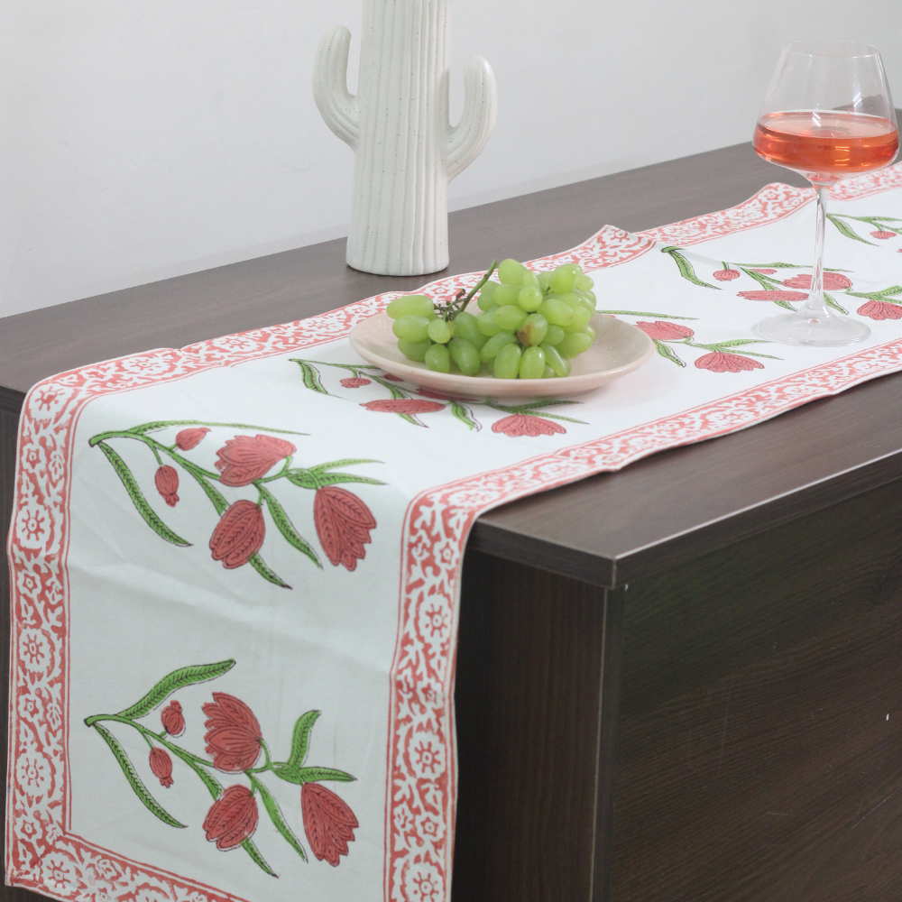 Cotton block printed table runner on table 