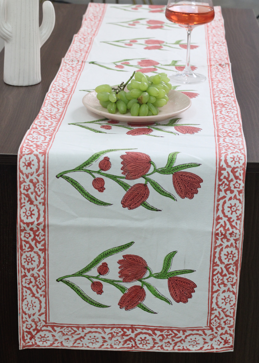 Pink lily block printed table runner 