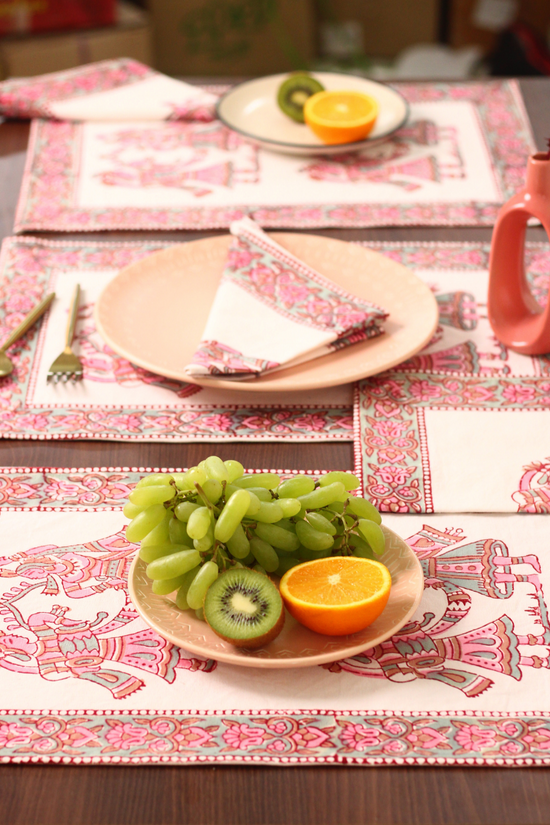 Pink Folk Lore Block Print Table Mat & Napkin