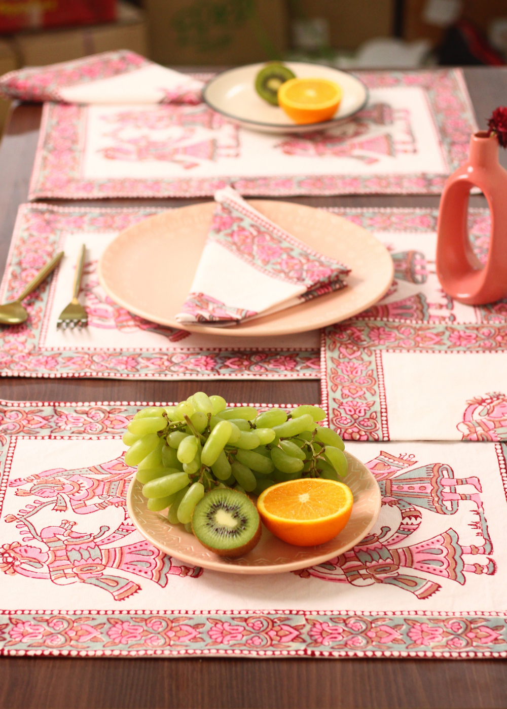 Pink Folk Lore Block Print Table Mat & Napkin