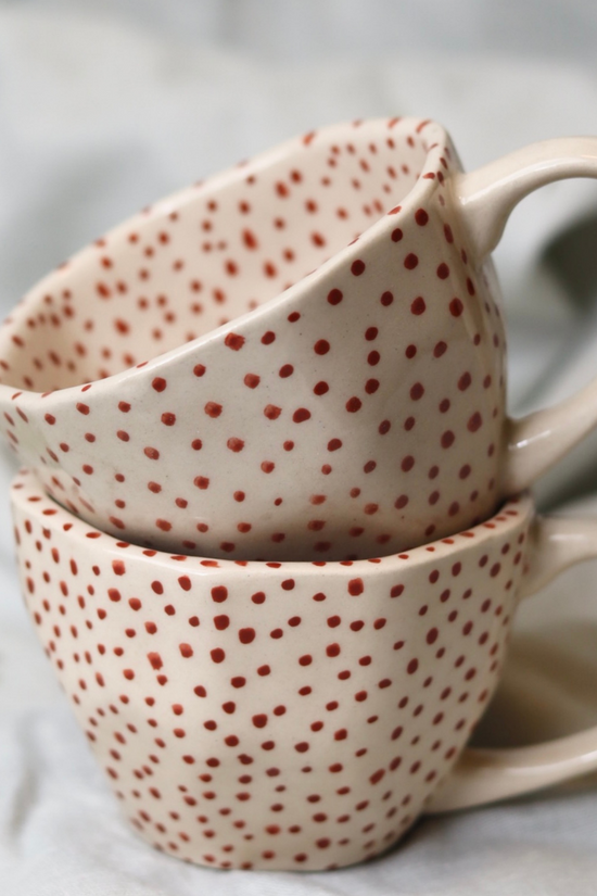 Handmade ceramic red polka mugs 