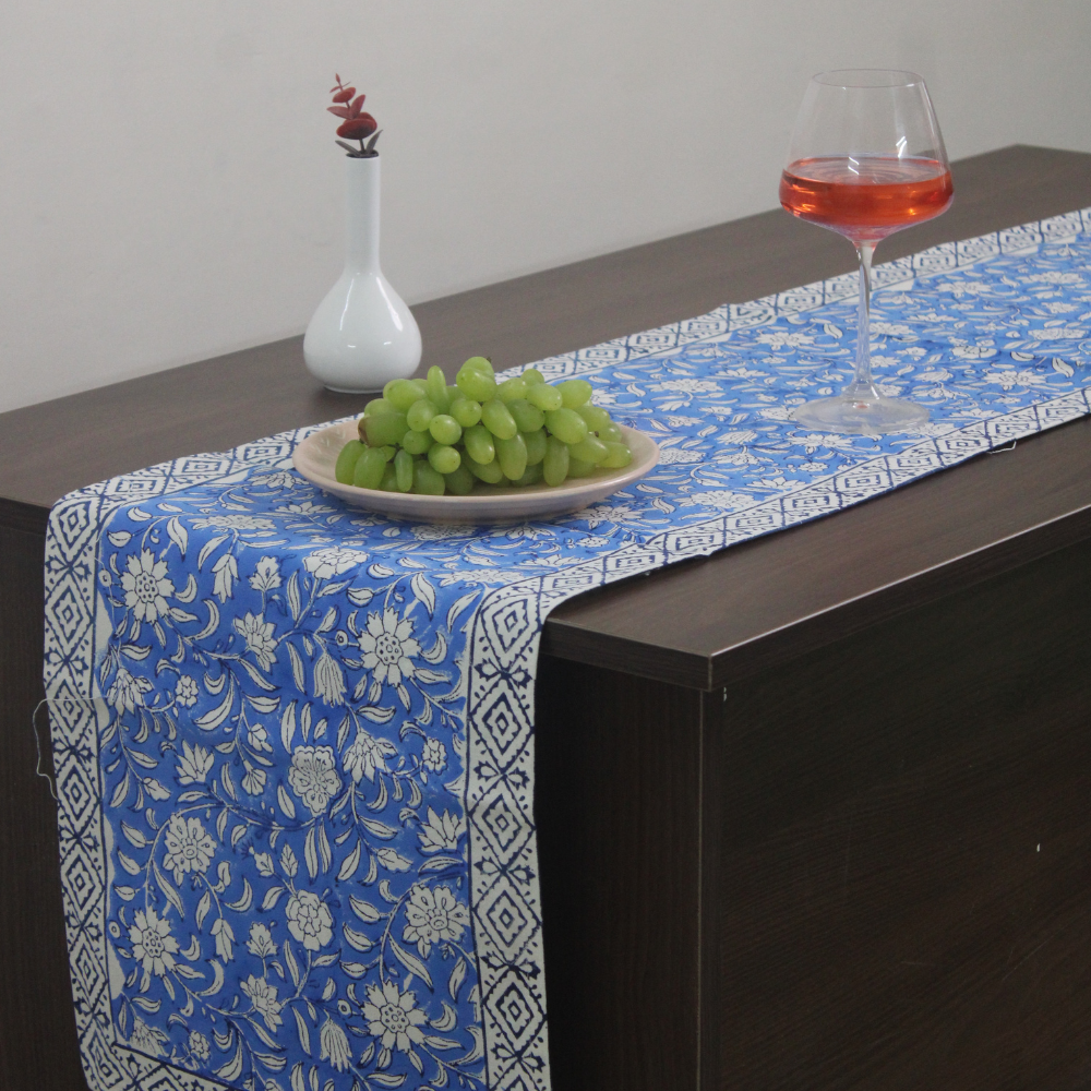 Blue and white block printed bedsheet with fruits