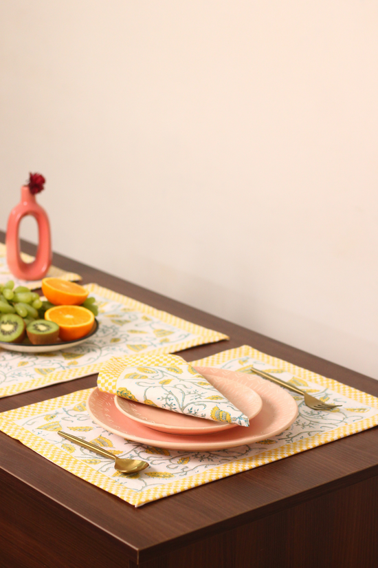 Yellow Bail Block Print Table Mat & Napkin 
